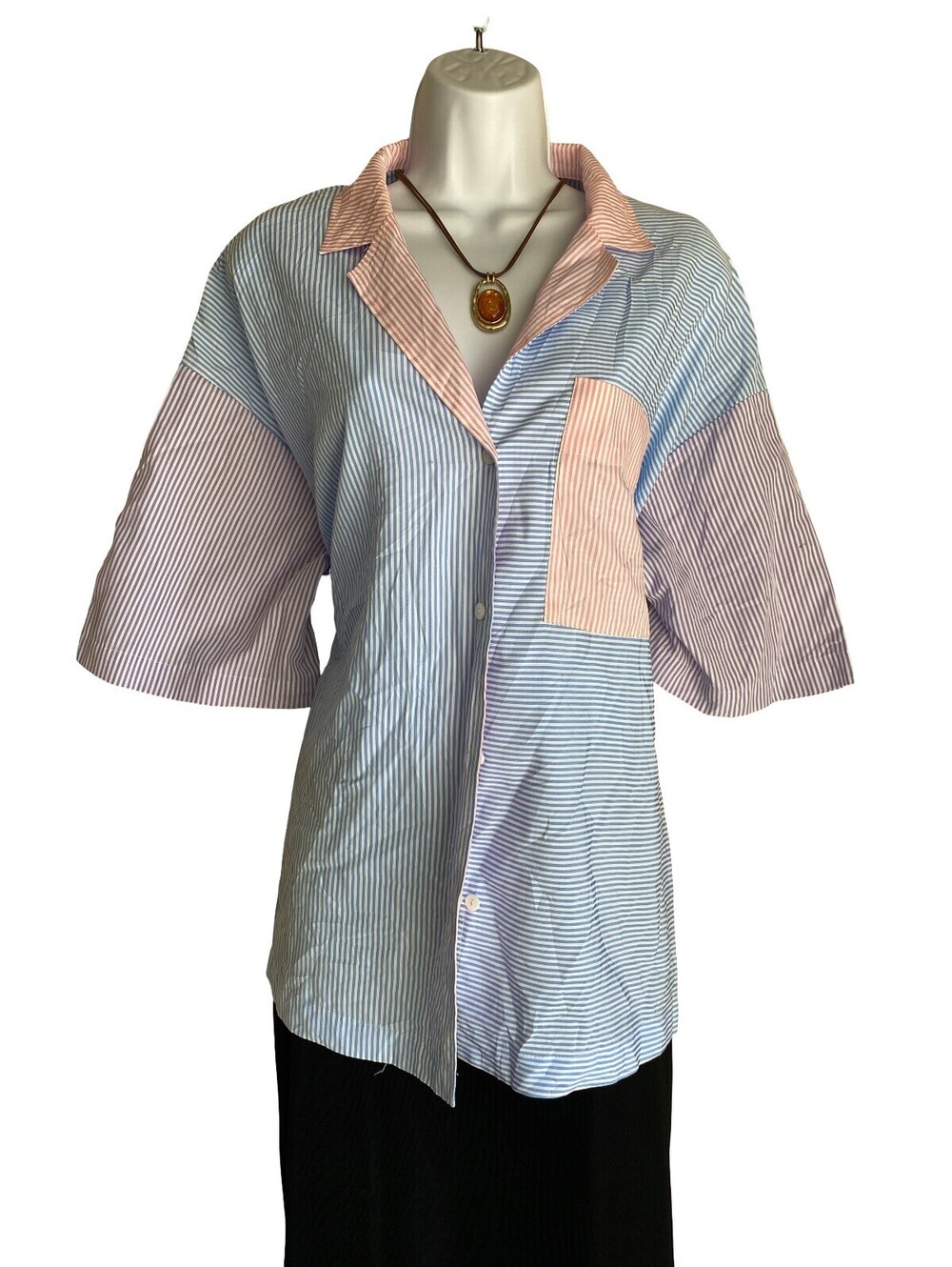 VTG HYFVE Women Size S Colorblock Stripe Boho Button Up Blouse Tunic Preppy Fall